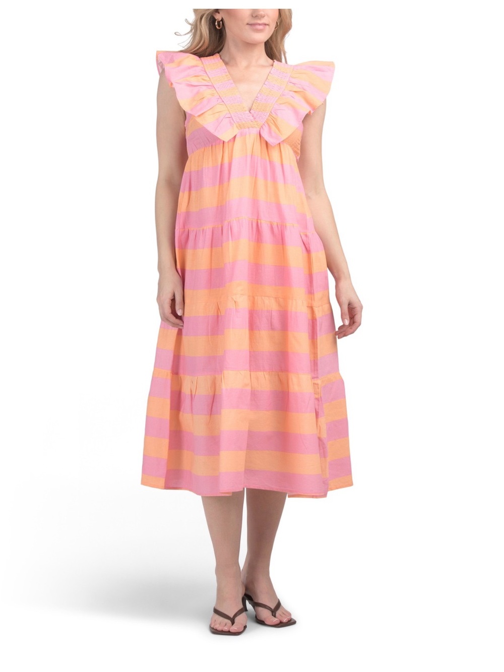 US TOGETHER Striped Pink and Peach Ruffle-Trim Midi Dress Size M/L NWT